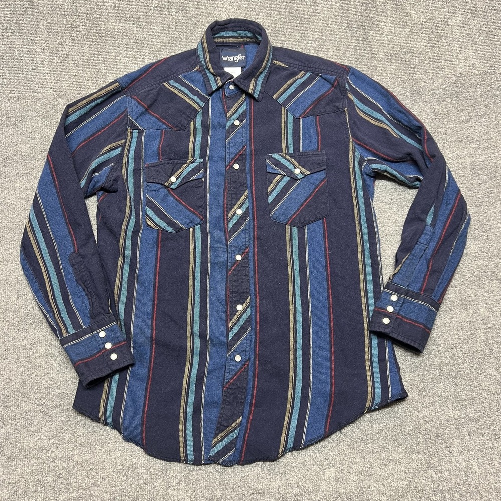 Vintage Wrangler Shirt Mens Medium Blue Striped Twill Snap Front Western